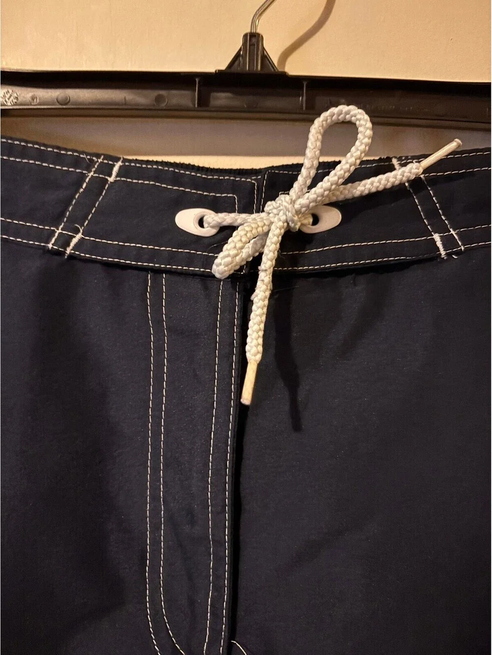 Navy Blue Swim Trunks with Light Blue Side Stripes and Cargo Pocket